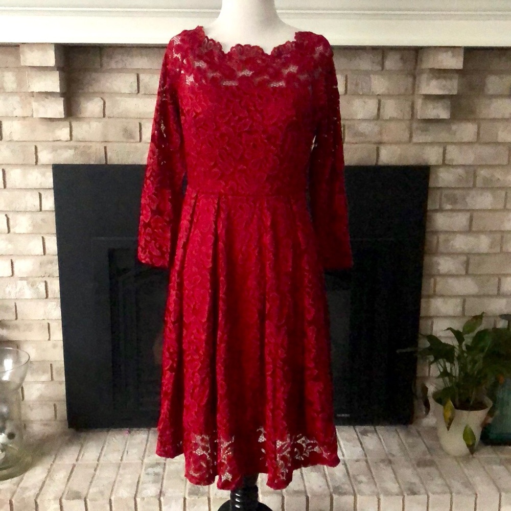 Miusol Red Lace Overlay Fit & Flare Cocktail Dress size Medium